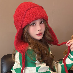 粉色雷锋帽女款冬季护耳针织毛线帽加大加深毛绒帽防寒大头围帽子