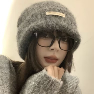 含羊毛秋冬毛线堆堆帽大头围百搭灰色冷帽保暖帽子情侣护耳针织帽