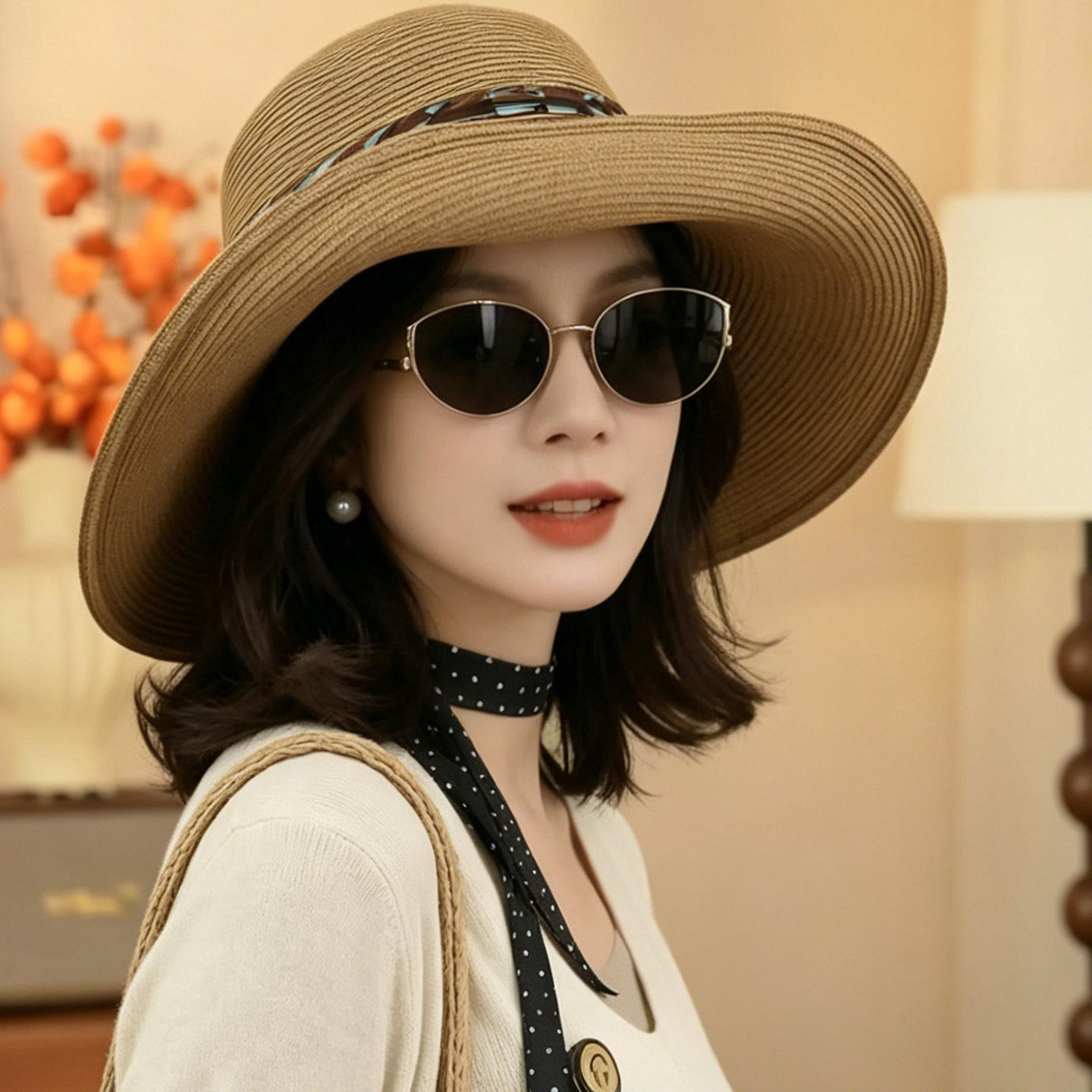 旅游拍照草编大帽檐渔夫帽女士