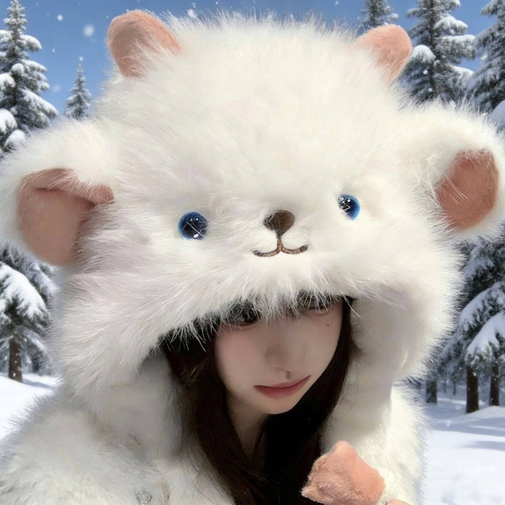 冬季新款可爱小绵羊毛绒帽女帽子捏耳朵会动加厚防寒保暖雷锋帽子