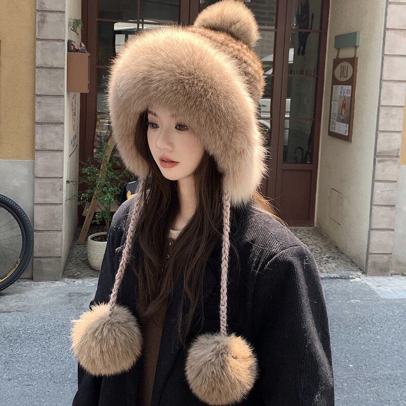 水貂护耳毛绒子女秋冬帽保暖无檐