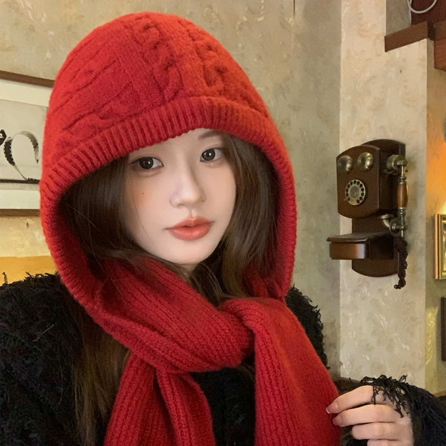 红色巴拉克拉法帽女2025新款大头围针织护耳帽子围巾一体保暖防寒