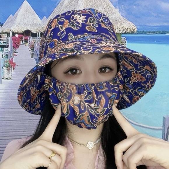 新款防晒帽口罩一体遮阳帽夏季透气民族风户外防紫外线防尘采茶帽