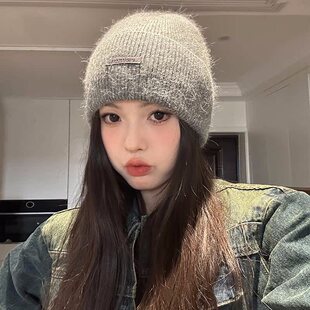 兔毛针织帽女秋冬2025新款大头围保暖加厚毛线帽子显脸小灰色冷帽