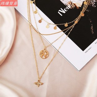 极速Alloy Clavicle Charin Disc Map Bee Pendant Multilayer Ne