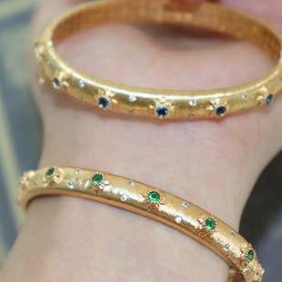 极速城南花窗/意大利宫廷拉丝手镯女 轻J奢镶绿宝石复古开口手环