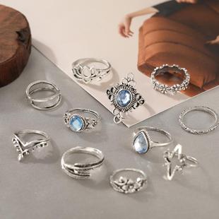 极速rings women 11pcs seCt 雕花镶钻星空宝石树叶复古关节戒指1