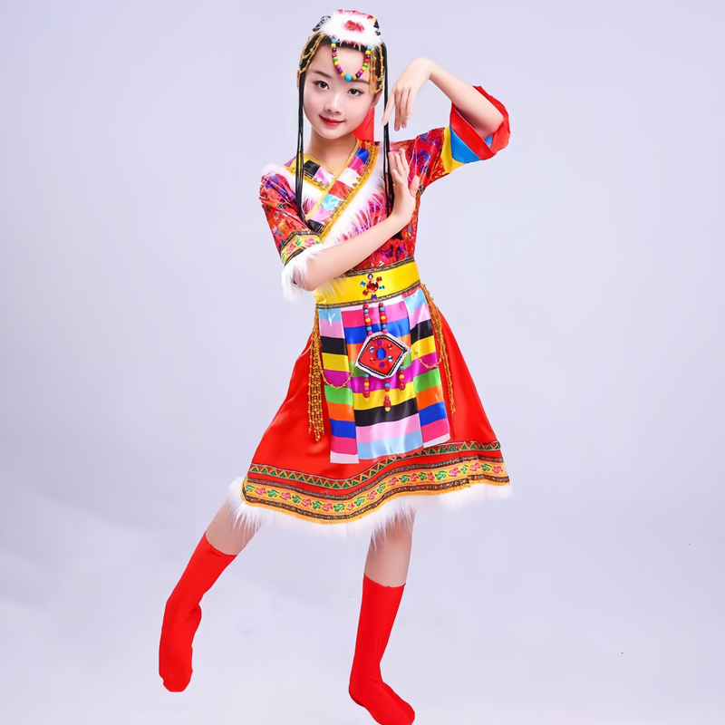 儿童藏族演出服女童舞蹈裙子套装