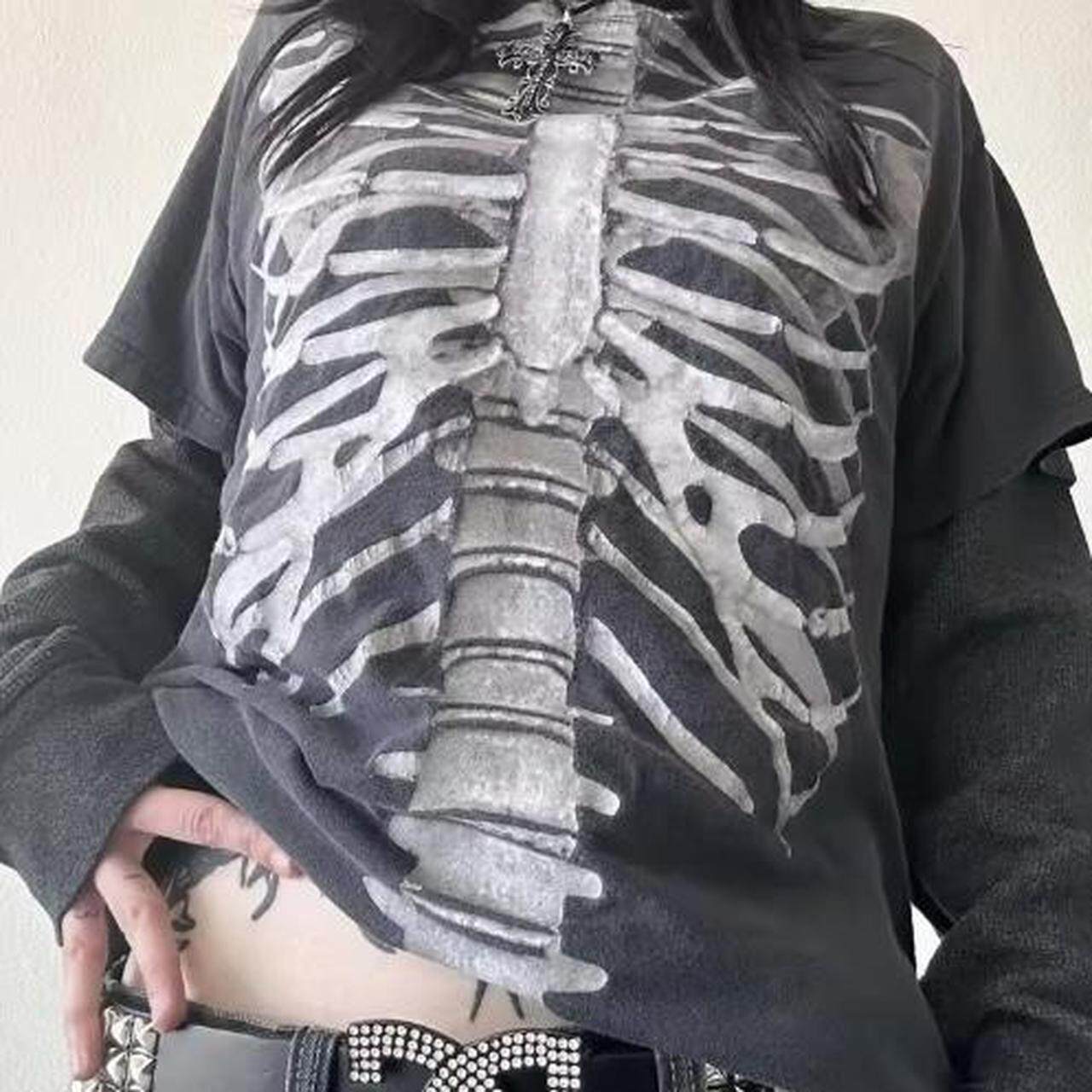 重磅！TATTOO刺青 暗黑哥特风黑色素刺青骨架别致古着OS短袖T恤