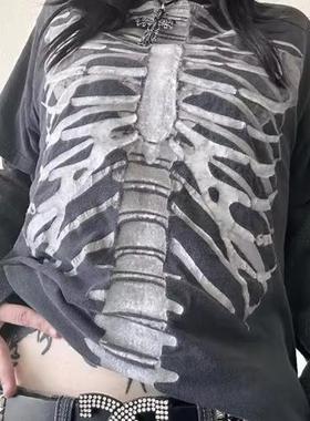重磅！TATTOO刺青 暗黑哥特风黑色素刺青骨架别致古着OS短袖T恤