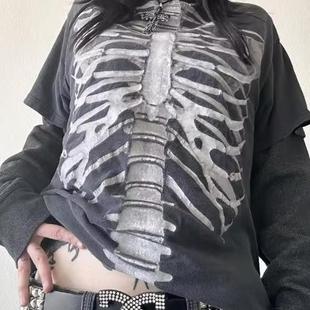 T恤 暗黑哥特风黑色素刺青骨架别致古着OS短袖 重磅 TATTOO刺青