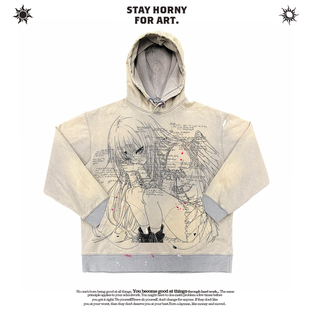 MELANIN 黑色素刺青 动漫二次元做旧复古千禧甜酷亚文化连帽卫衣