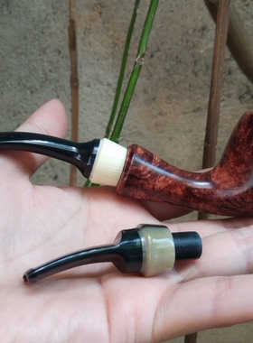 意大利石楠木手工实木大号大师款河豚斗一斗配双嘴双斗柄烟斗9MM