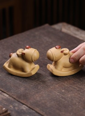 手工可爱小动物紫砂摇摇马桌面摆件马上有钱工艺品书房玄关装饰