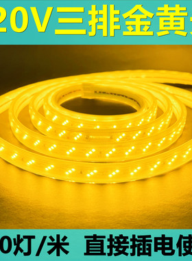 220V金黄光LED灯带条三排180灯金黄色灯条2835户外装饰超高亮