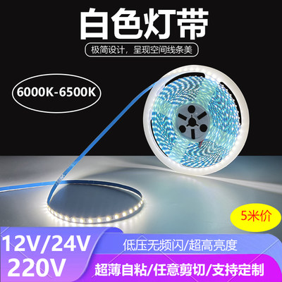 12V24V白色LED白光灯带日光白灯条12伏24伏6500K超薄贴片220V