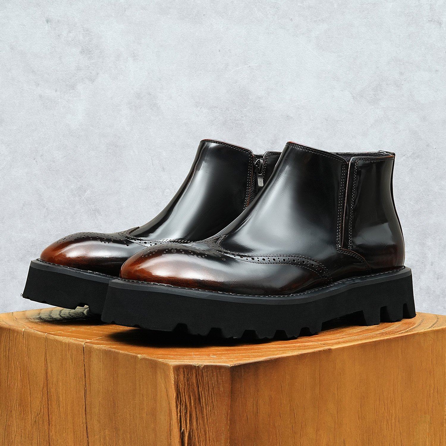 漆面高档男鞋黑色雕花厚底切尔西靴子男欧美真皮圆头皮靴牛皮潮靴