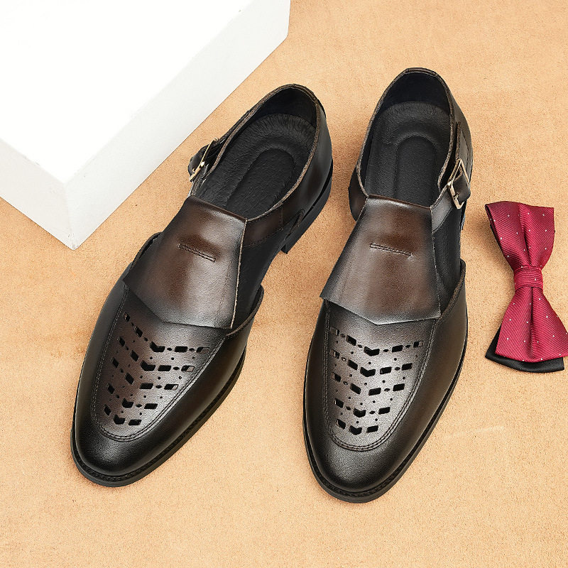 夏季男士真皮镂空凉鞋洞洞透气休闲男鞋潮流搭扣牛皮真皮凉皮鞋男
