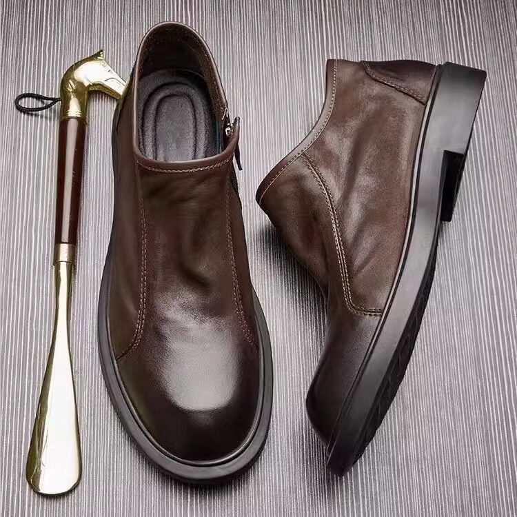 男士皮鞋真皮休闲鞋男鞋软底单鞋男低帮英伦磨砂复古商务拉链鞋子