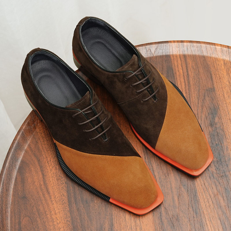 反绒质感皮鞋商务拼接磨砂绒系带尖头单鞋真皮鞋大码鞋男新款男鞋
