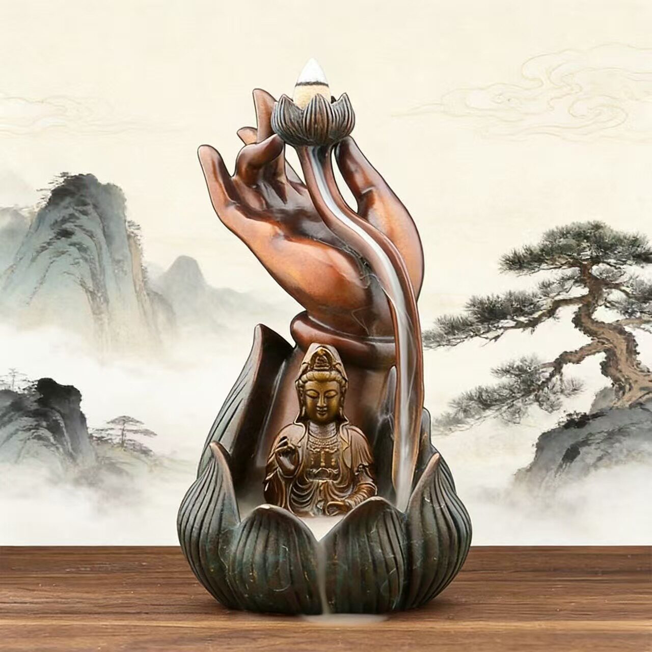 纯铜倒流香摆件客厅装饰品摆设观音佛手茶桌流水倒流香香炉莲花座