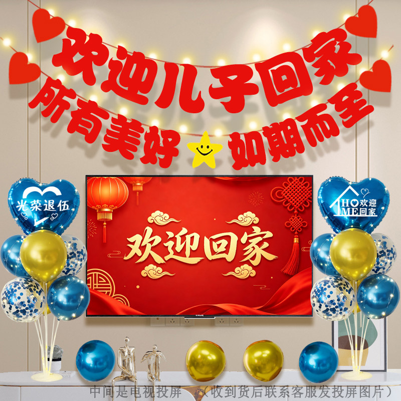 欢迎儿子回家光荣退伍当兵退役归来迎接仪式门口氛围布置横幅气球