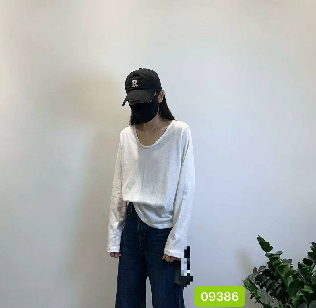 U领白色麻棉打底衫女欧韩秋冬新款简约百搭宽松休闲中长款t恤上衣