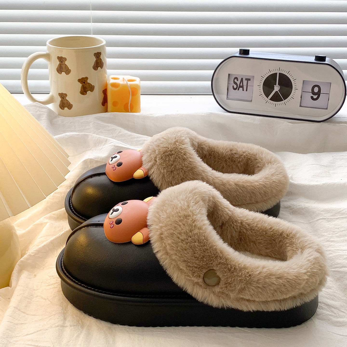 【可拆卸】韩系软萌腮红小熊毛绒棉拖秋冬居家外穿保暖舒适女棉鞋