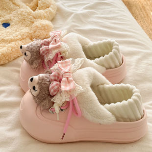 EVA厚底秋冬外穿一脚蹬保暖加绒学生宿舍可爱熊可拆卸百搭棉鞋 女