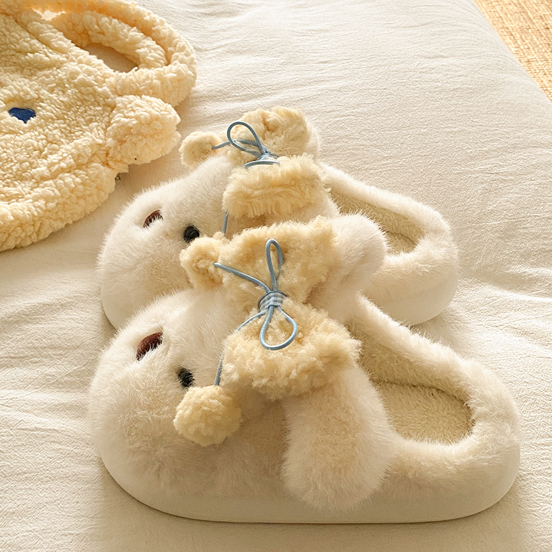 高颜值居家双球蝴蝶结呆萌狗棉鞋2025秋冬季女士时尚保暖棉拖鞋