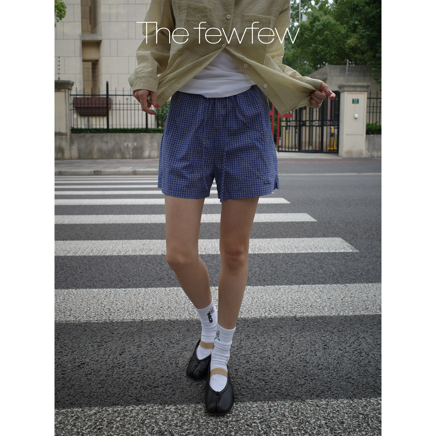 The fewfew 纯棉格纹条纹面料休闲宽松舒适松紧腰A字短裤