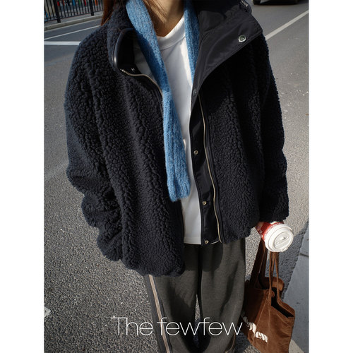 The fewfew 藏青色厚实保暖蓬松羊羔毛双面穿休闲宽松夹克外套