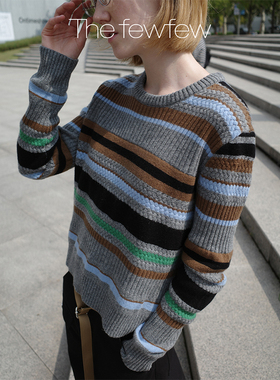 The fewfew 纯羊毛复古撞色条纹舒适温暖柔软亲肤圆领针织毛衣