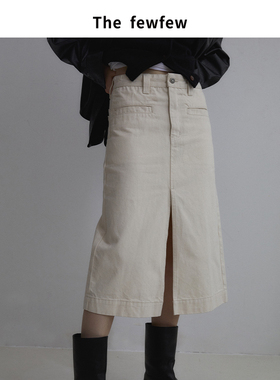 The fewfew 土耳其进口牛仔复古简约米白色高腰A字前开叉中长半裙