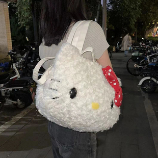 hellokitty大脸包包秋冬毛绒凯蒂猫大容量单肩挎包可爱大号托特包