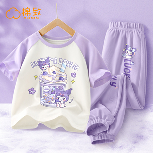 紫色洋气大童女装 童装 潮儿童套装 2024新款 短袖 棉致女童夏装 防蚊裤