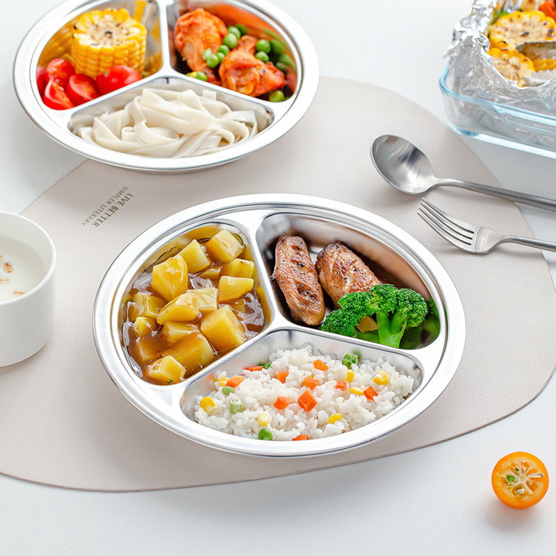 304不锈钢圆形分隔三格快餐盘幼儿园儿童宝宝学生食堂饭分隔盘子