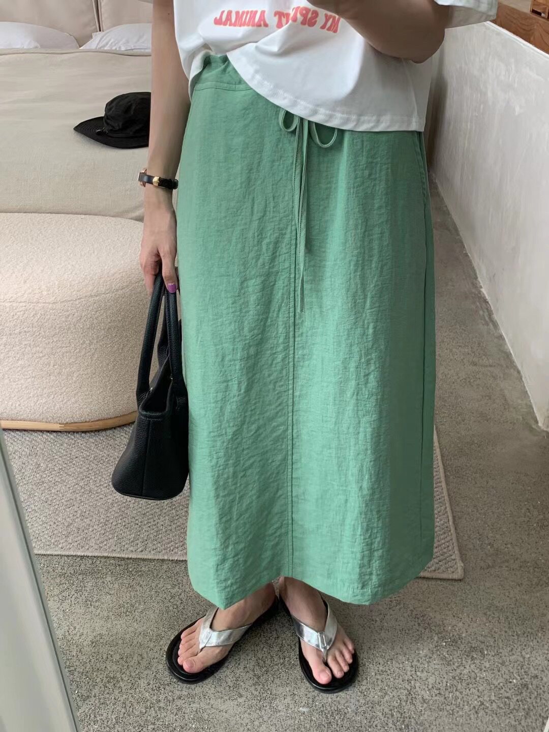 亚麻后开叉半身裙女夏季2023新款韩系宽松中长款直筒包臀棉麻裙子