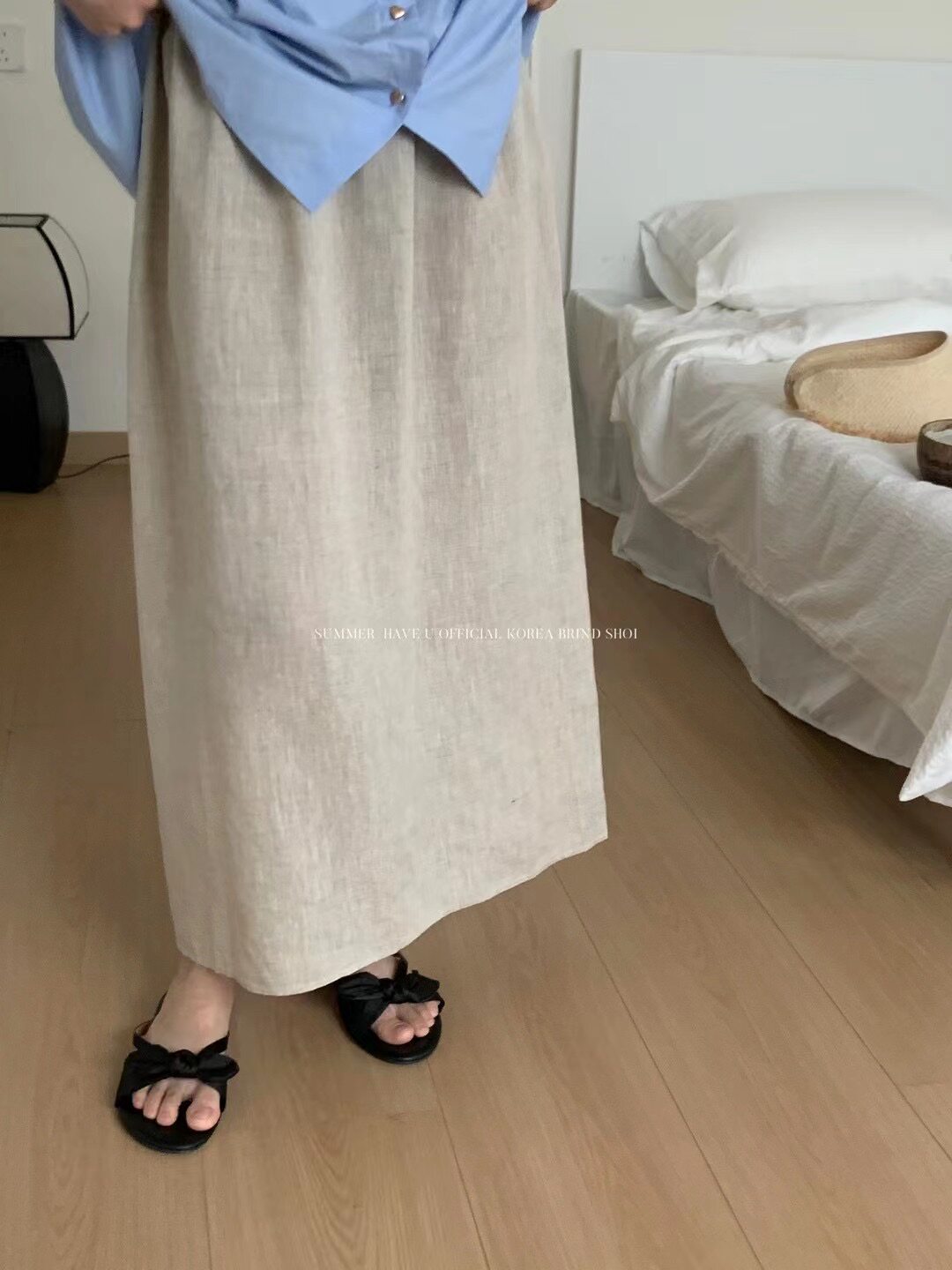 have u亚麻开叉半身裙女夏季2023新款韩系宽松中长款直筒棉麻裙子