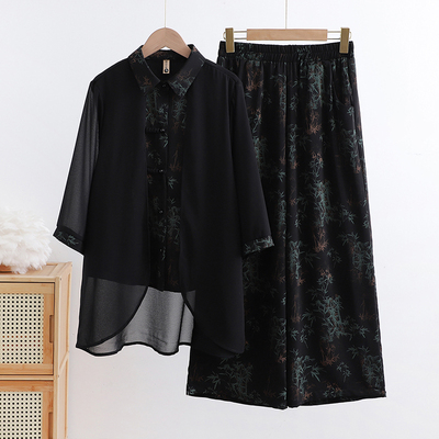 妈妈夏套装洋气衬衫中长款假两件