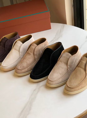 纯原意大利麂皮一脚蹬LP乐福鞋女平底休闲豆豆鞋懒人男士鞋踩si感