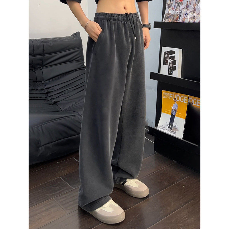 美式复古水洗弯刀卫裤男款秋冬季加绒阔腿裤子宽松bf慵懒风直筒裤