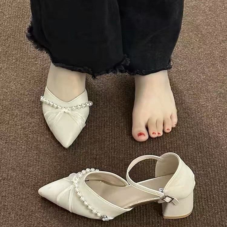 法式包头凉鞋女夏新款百搭高跟鞋粗跟尖头单鞋胖脚宽脚大码女鞋43