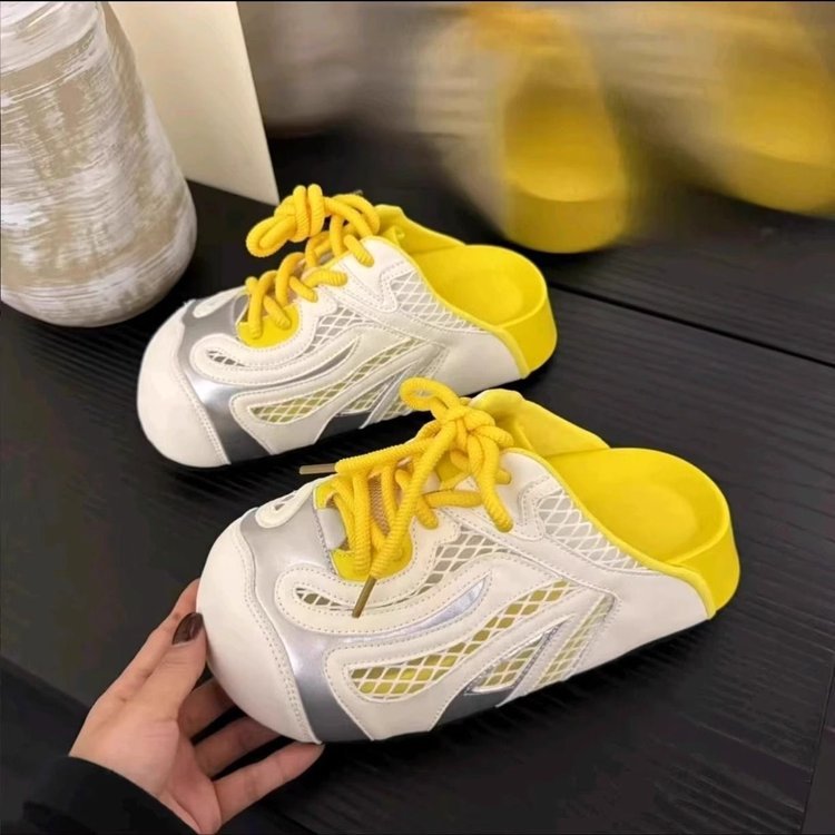 2025夏季时尚厚底小个子增高包头拖鞋女透气网面拼色休闲外穿凉拖