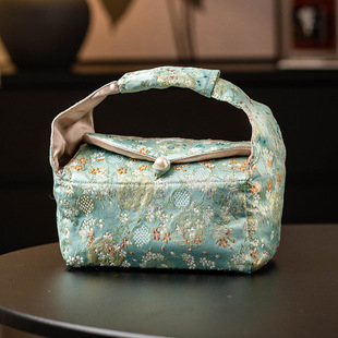 绿色石竹花织锦收纳包女士高颜值茶包袋户外旅行茶具便携收纳袋子