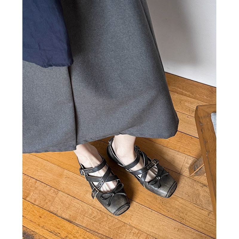 复古方头蝴蝶结芭蕾舞鞋女2025新款猪鼻子玛丽珍鞋软底浅口单鞋女