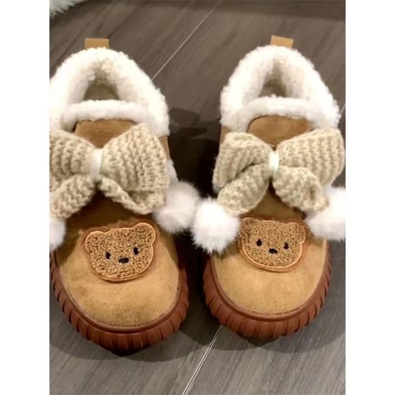 细细条网红蝴蝶结冬季新款学生小熊头棉鞋外穿玛丽珍豆豆鞋女士