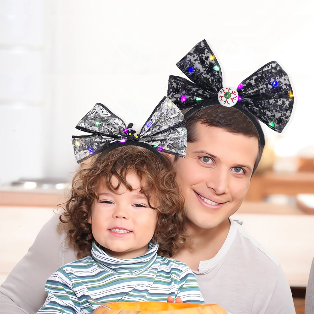 万圣节网纱蝴蝶结发箍鬼节派对舞会发光头箍Led彩灯骷髅幽灵头扣