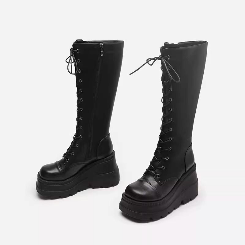 长筒靴女2025秋冬新款粗跟厚底中高筒系带不过膝马丁靴骑士靴子女