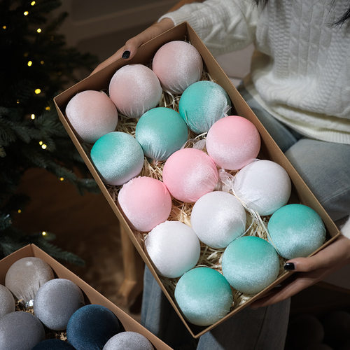 包布圣诞球礼包植绒球圣诞树装饰挂件塑料球粉色蓝色香槟色圣套装